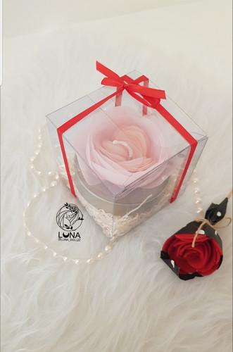 شمع گیفت داخل جعبه طلقی با گل پیچ رز دو رنگ